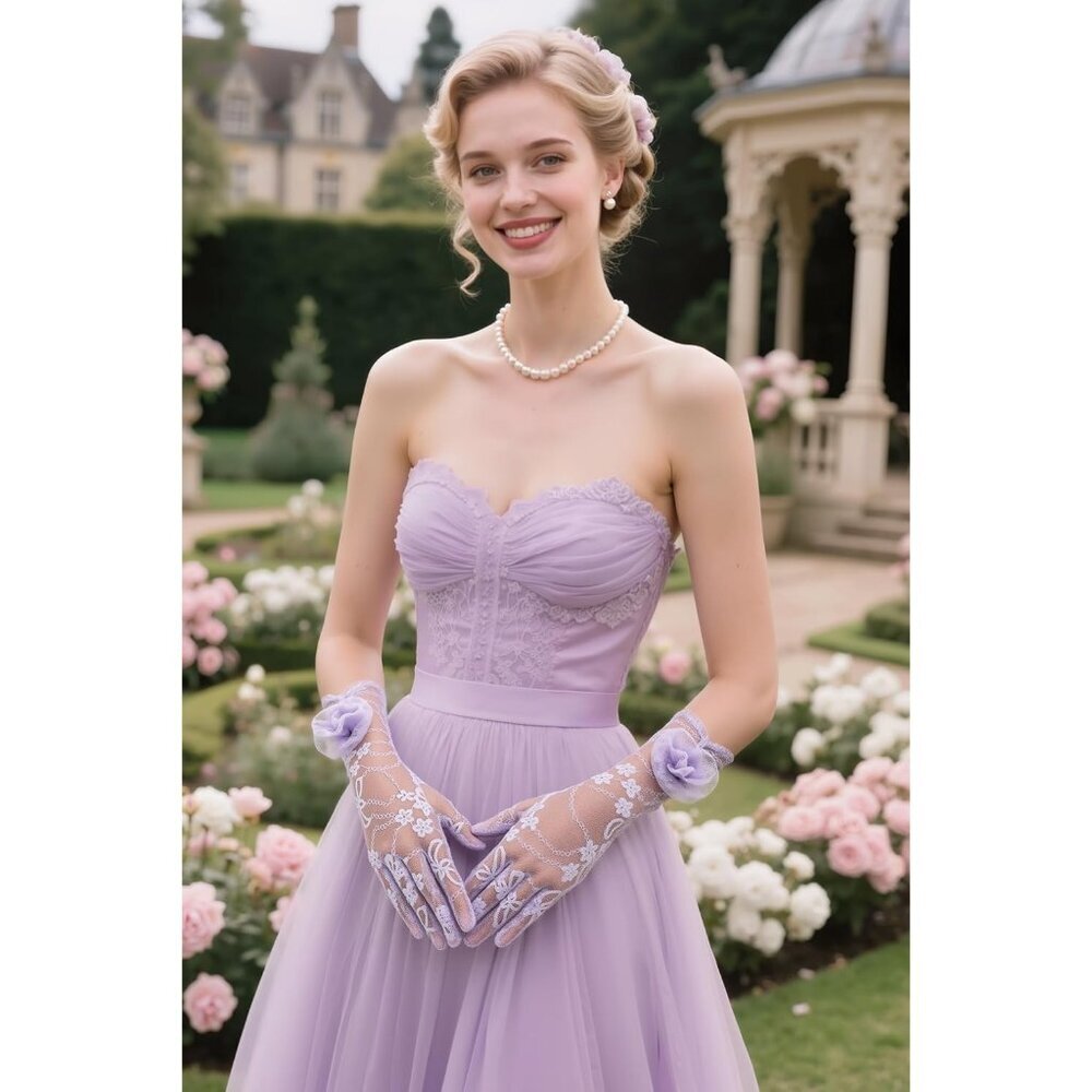 Women's Purple Floral Lace Opera Elegant Evening Party Prom Gloves Accessories - Picture 3 of 6